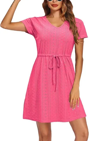 Womens Summer A-Line Dress V-Neck Sundress Mini Short Sleeve Dresses Flowy Beach Swing Dress Vacation Travel Outfits