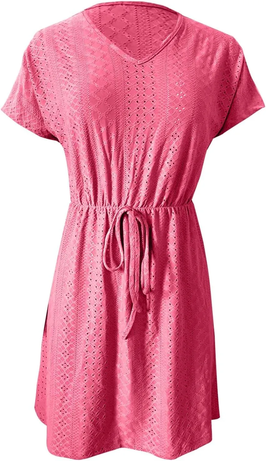 Womens Summer A-Line Dress V-Neck Sundress Mini Short Sleeve Dresses Flowy Beach Swing Dress Vacation Travel Outfits