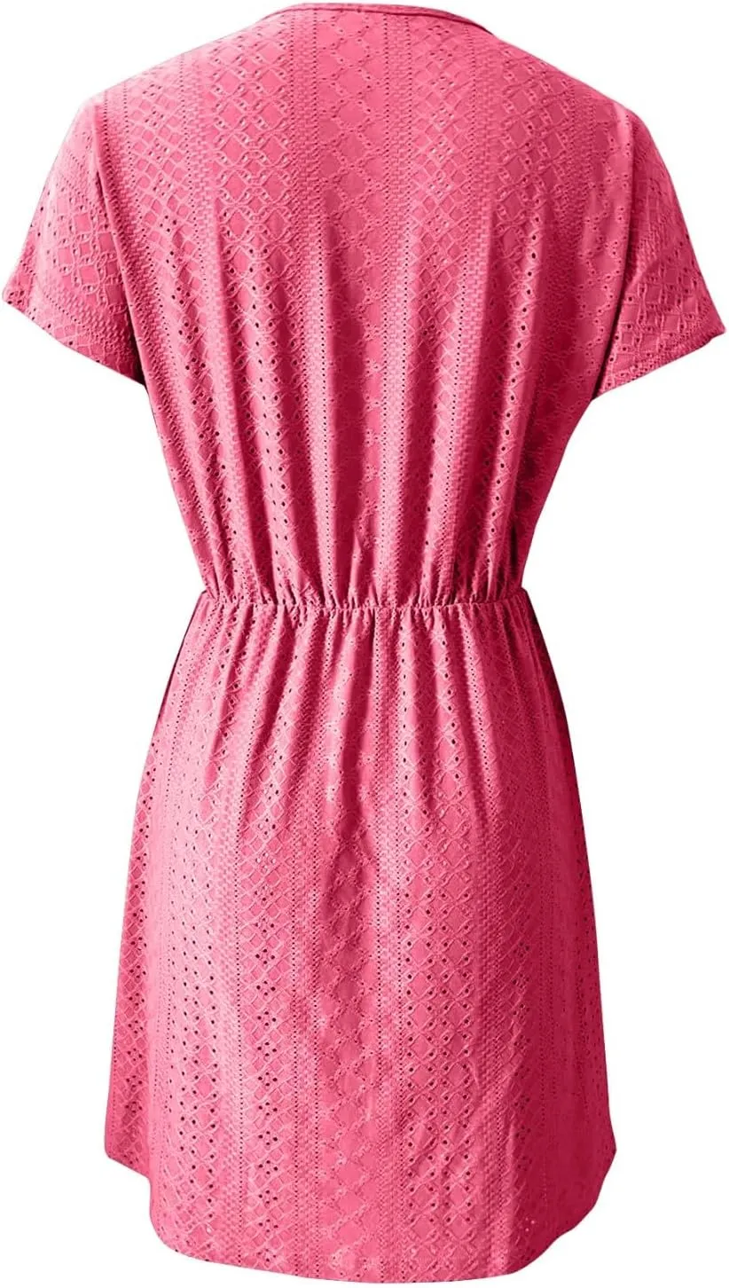 Womens Summer A-Line Dress V-Neck Sundress Mini Short Sleeve Dresses Flowy Beach Swing Dress Vacation Travel Outfits