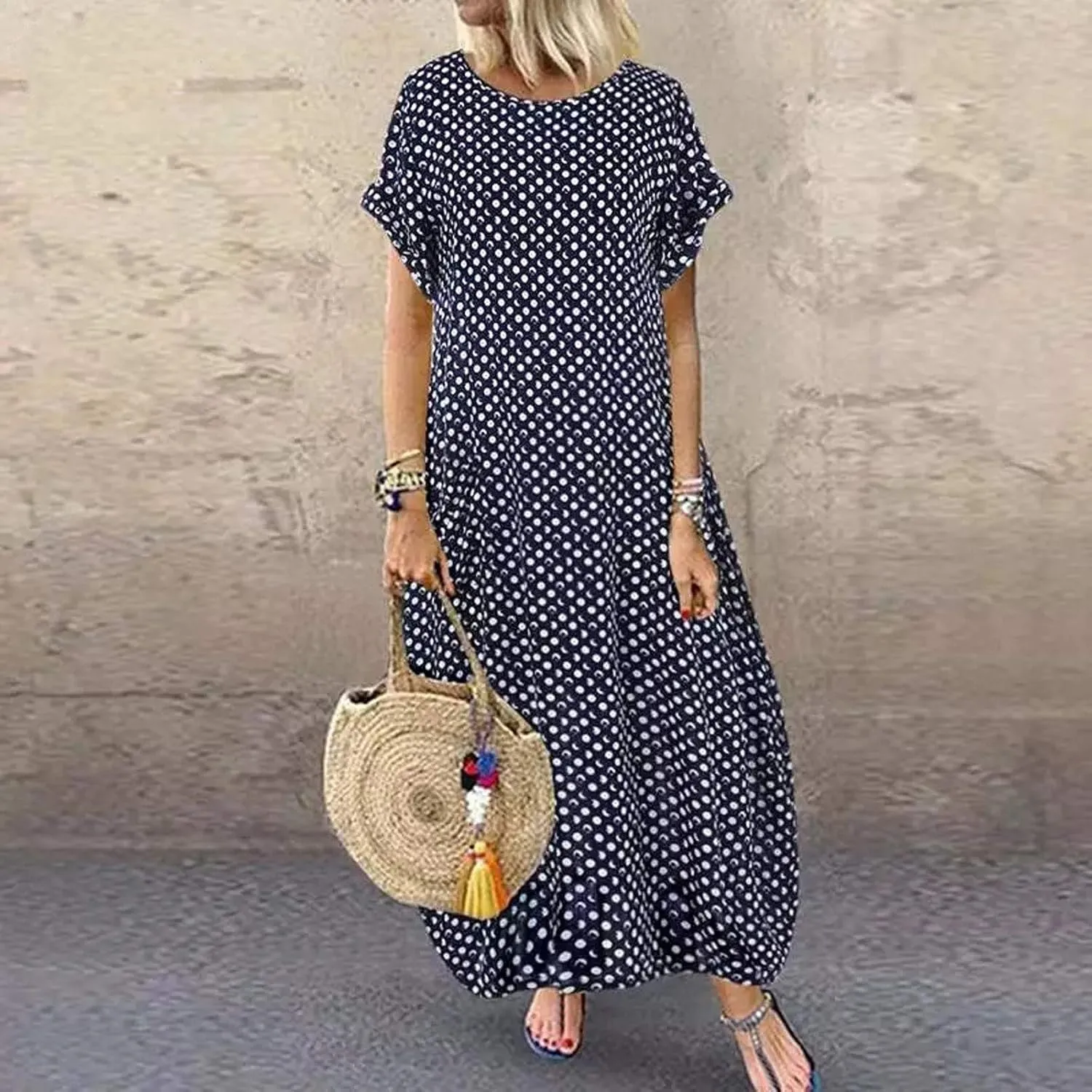 Womens Summer Casual Dress V Neck Short Sleeve Floral Print Boho Beach Sundress Tiered Ruffle Maxi Dress with Pockets