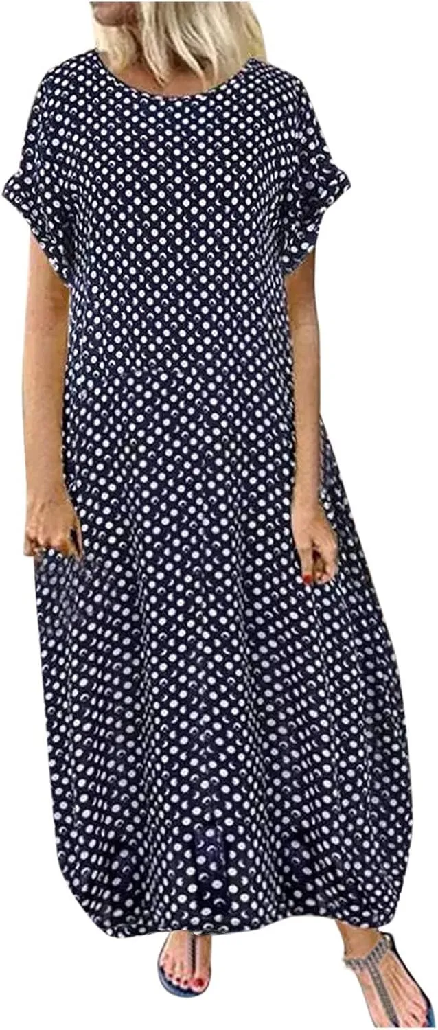 Womens Summer Casual Dress V Neck Short Sleeve Floral Print Boho Beach Sundress Tiered Ruffle Maxi Dress with Pockets