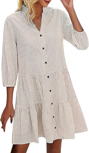 Women's Summer Casual V-Neck Button Down Shirt Dress Plaid 3/4 Sleeve Flowy Pleated Dress Business Work Midi Dresses