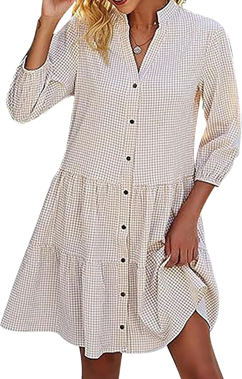 Women's Summer Casual V-Neck Button Down Shirt Dress Plaid 3/4 Sleeve Flowy Pleated Dress Business Work Midi Dresses
