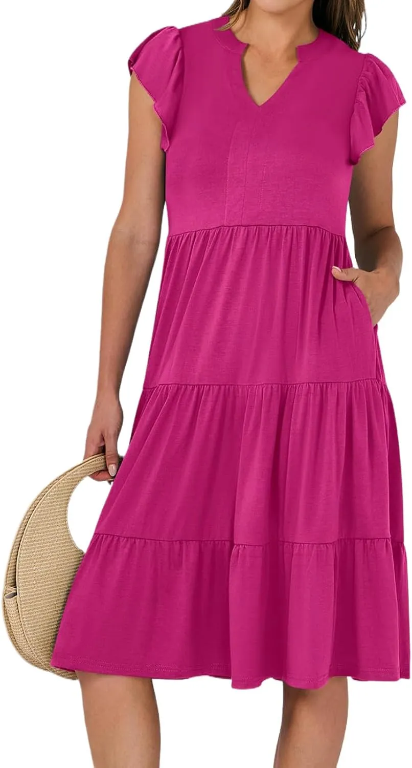 Womens Summer Dress Ruffle Sleeve V Neck Midi Dresses Trendy Casual Fit Flowy Tiered Boho Vacation Beach Sundress