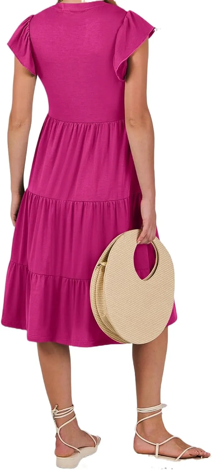 Womens Summer Dress Ruffle Sleeve V Neck Midi Dresses Trendy Casual Fit Flowy Tiered Boho Vacation Beach Sundress
