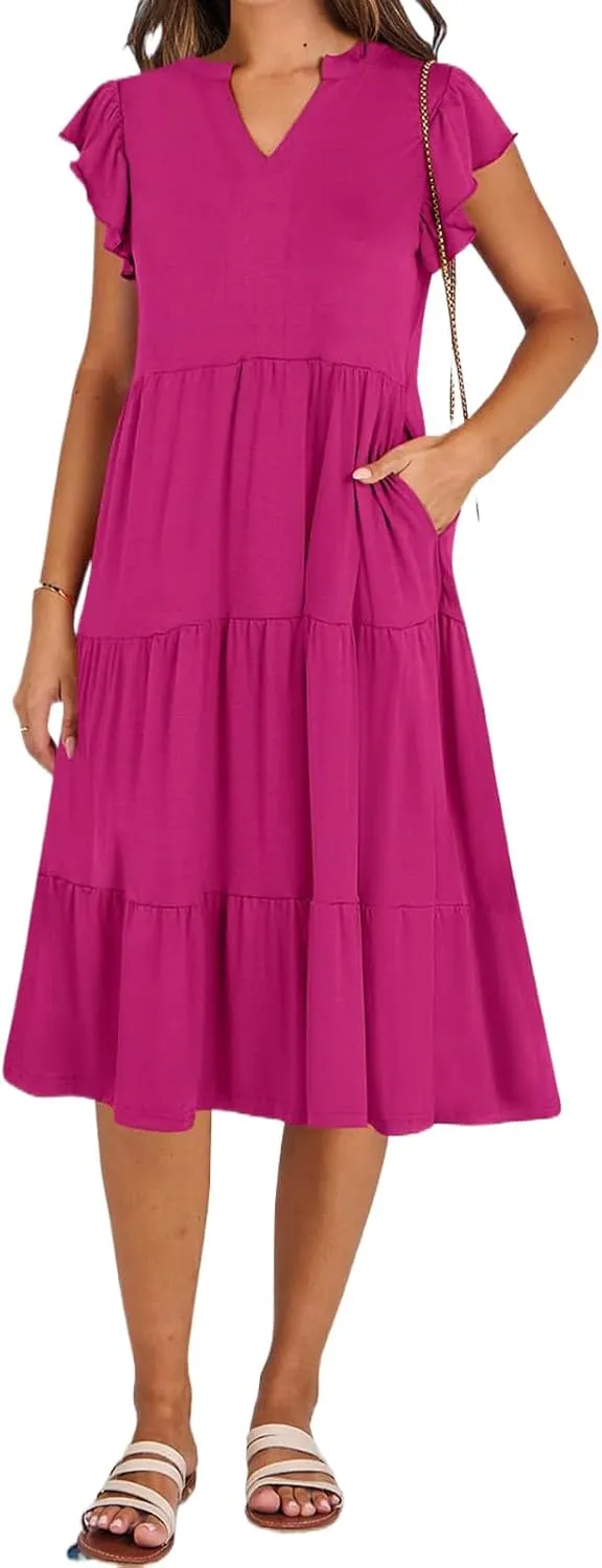 Womens Summer Dress Ruffle Sleeve V Neck Midi Dresses Trendy Casual Fit Flowy Tiered Boho Vacation Beach Sundress