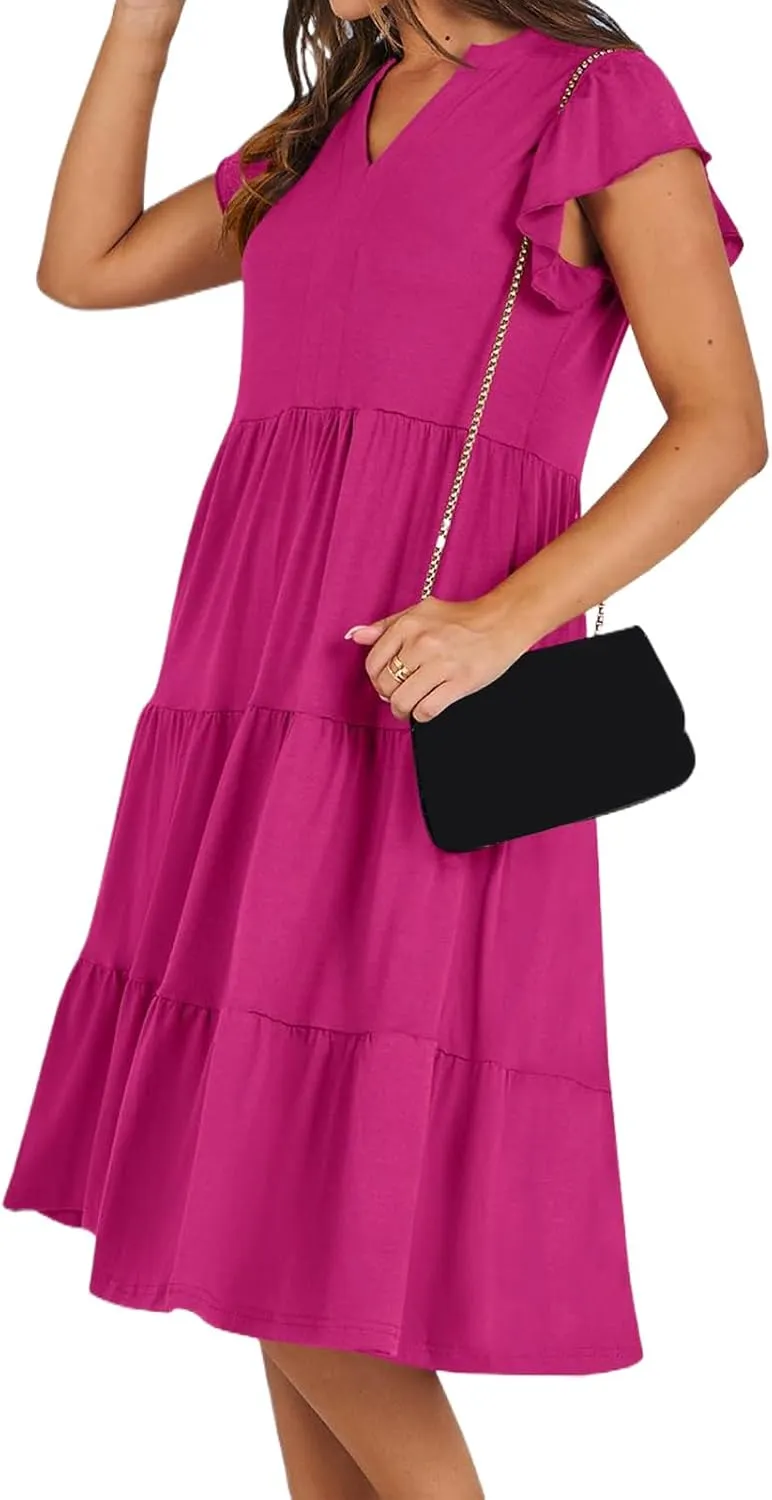 Womens Summer Dress Ruffle Sleeve V Neck Midi Dresses Trendy Casual Fit Flowy Tiered Boho Vacation Beach Sundress