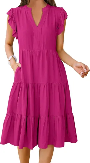 Womens Summer Dress Ruffle Sleeve V Neck Midi Dresses Trendy Casual Fit Flowy Tiered Boho Vacation Beach Sundress