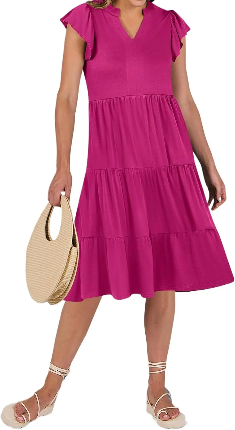 Womens Summer Dress Ruffle Sleeve V Neck Midi Dresses Trendy Casual Fit Flowy Tiered Boho Vacation Beach Sundress