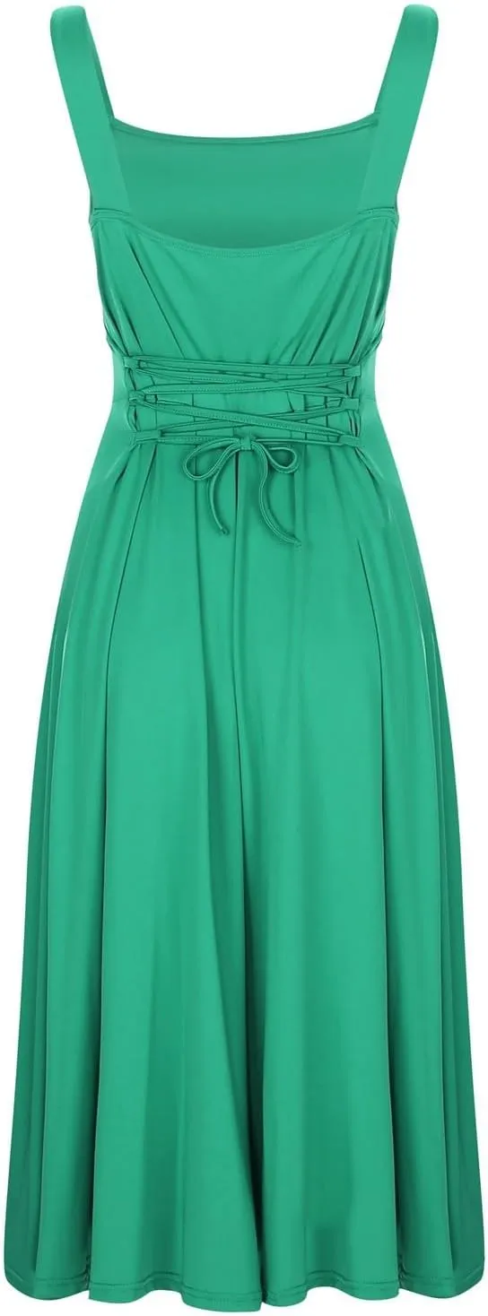 Womens Summer Dress Solid Color Lace Up Waist Back CRIS Cross Skirt Casual Shoulder Strap Slim Fit Long Dress Outfits