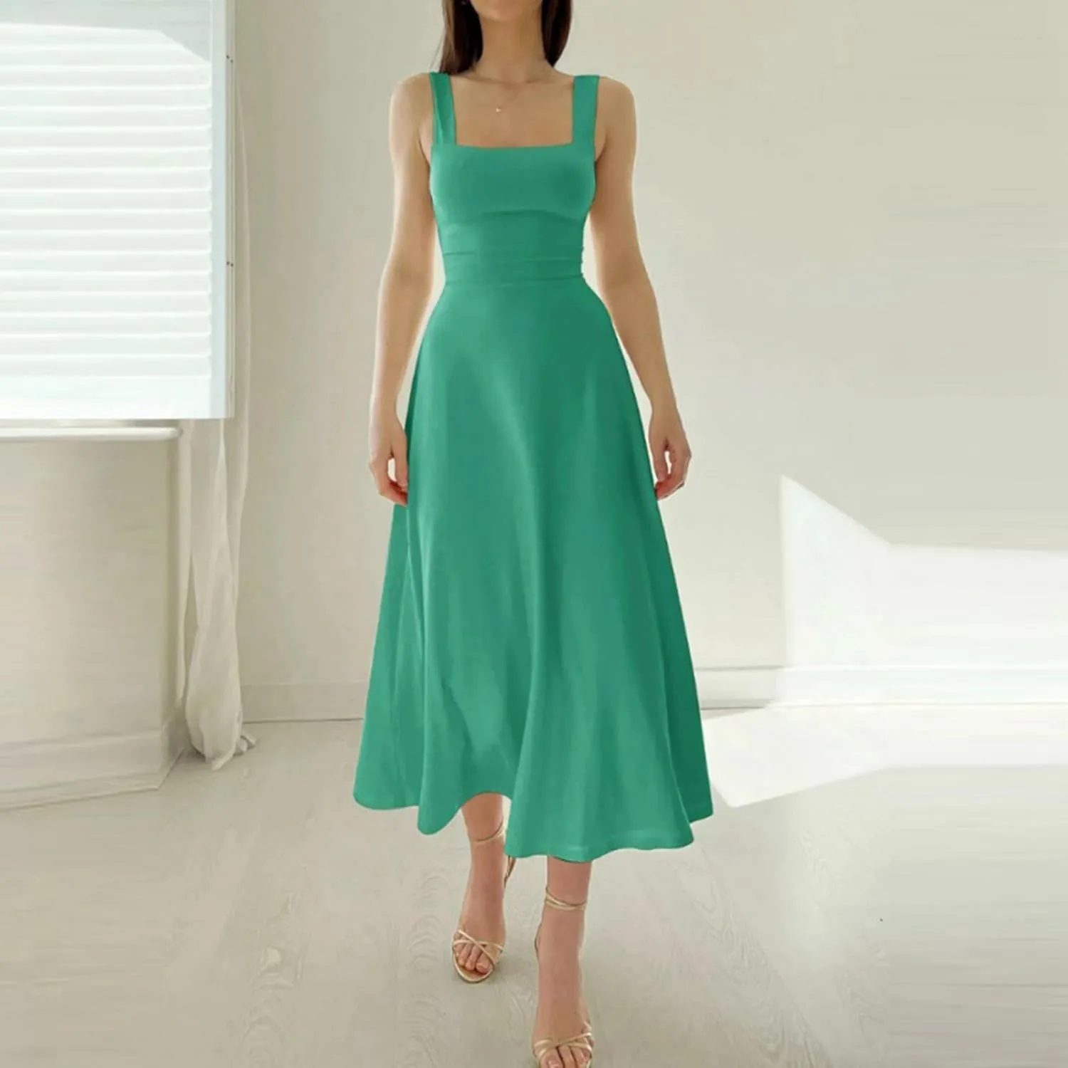Womens Summer Dress Solid Color Lace Up Waist Back CRIS Cross Skirt Casual Shoulder Strap Slim Fit Long Dress Outfits