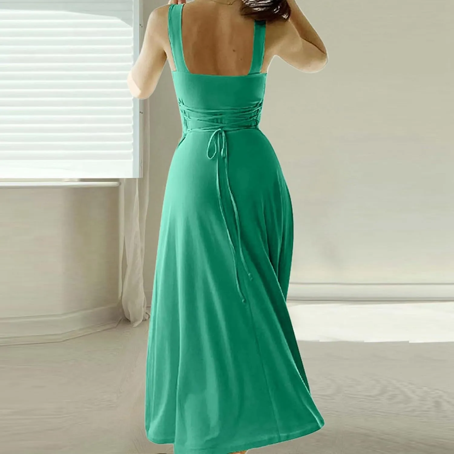 Womens Summer Dress Solid Color Lace Up Waist Back CRIS Cross Skirt Casual Shoulder Strap Slim Fit Long Dress Outfits