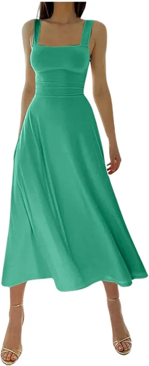 Womens Summer Dress Solid Color Lace Up Waist Back CRIS Cross Skirt Casual Shoulder Strap Slim Fit Long Dress Outfits
