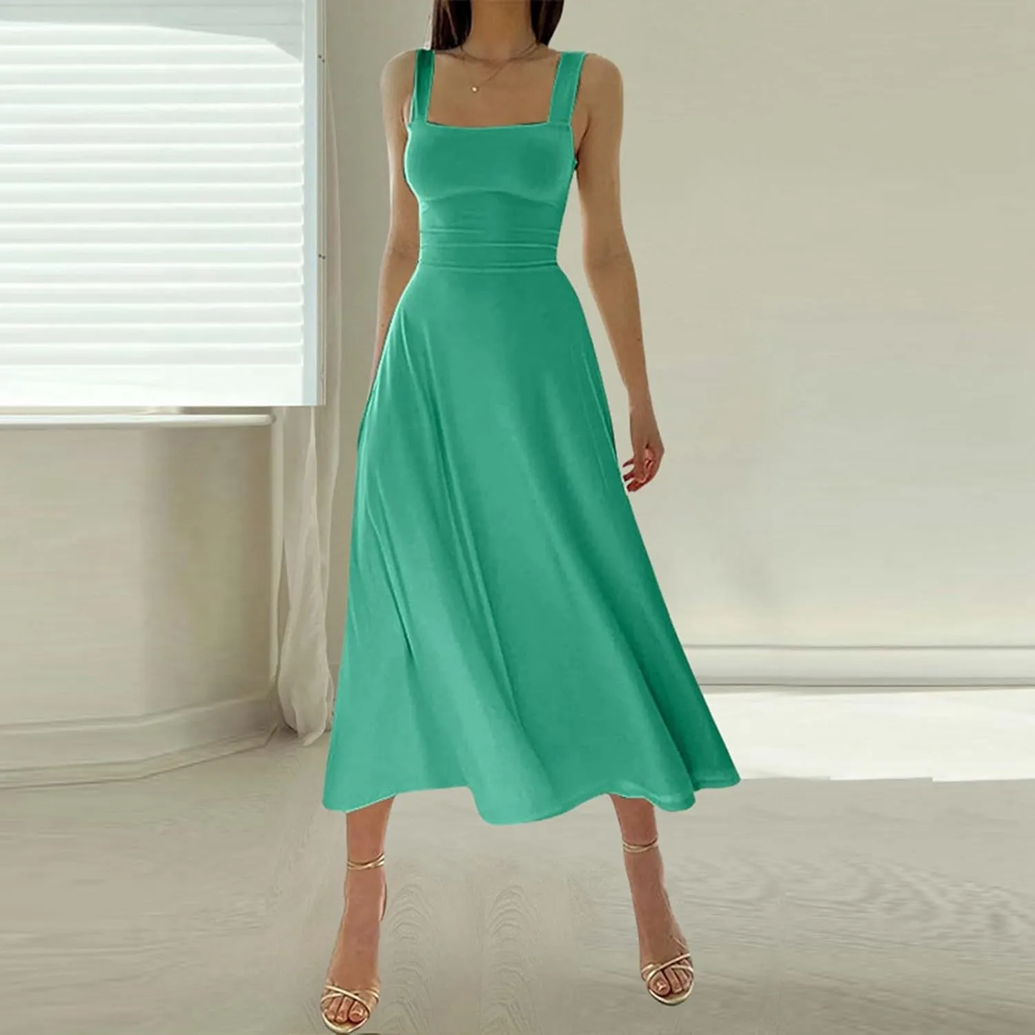 Womens Summer Dress Solid Color Lace Up Waist Back CRIS Cross Skirt Casual Shoulder Strap Slim Fit Long Dress Outfits