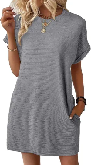 Womens Summer Dresses Short Sleeve Crew Neck Dress Fit T Shirt Mini Dress Casual Loose Beach Dresses with Pockets