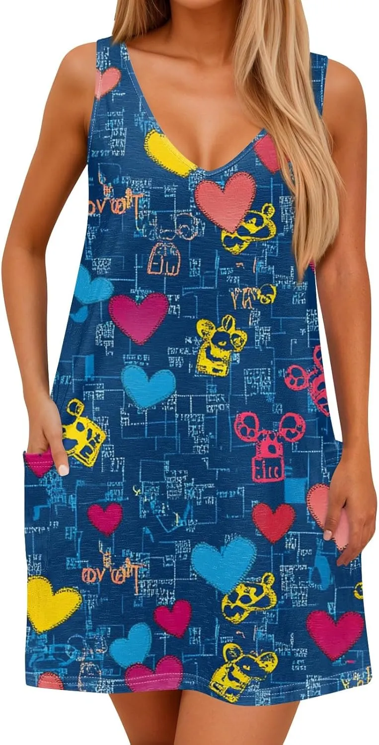 Women's Summer Dresses V Neck Casual Sundress 2025 Beach Swimsuit Coverup Vacation Sleeveless Dress with Pocket