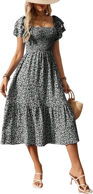 Women's Summer Fashion Square Neck Pleated Bubble Sleeve Off Shoulder Long Skirt with Floral Patterns and a Large Swing Dress