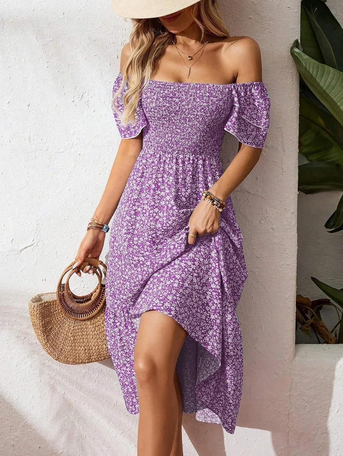 Women's Summer Fashion Square Neck Pleated Bubble Sleeve Off Shoulder Long Skirt with Floral Patterns and a Large Swing Dress