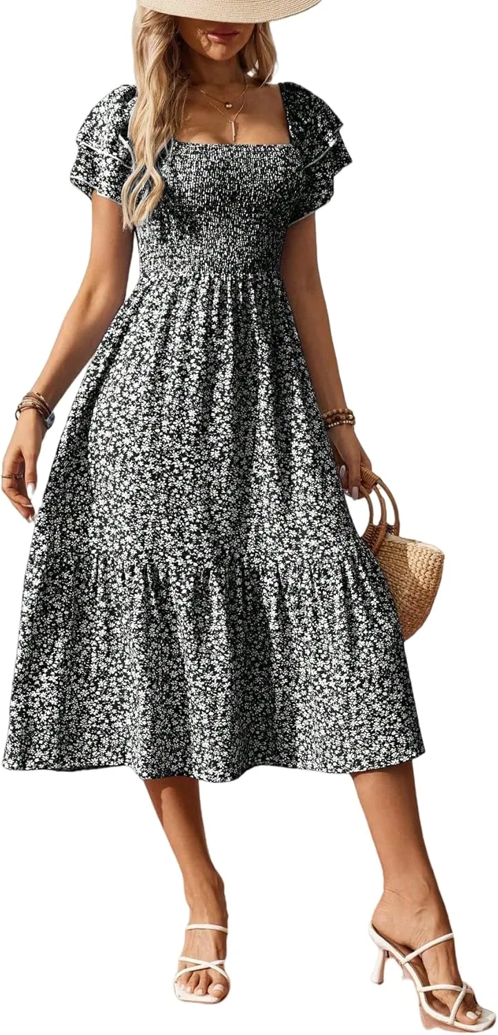Women's Summer Fashion Square Neck Pleated Bubble Sleeve Off Shoulder Long Skirt with Floral Patterns and a Large Swing Dress