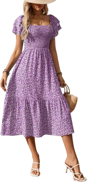 Women's Summer Fashion Square Neck Pleated Bubble Sleeve Off Shoulder Long Skirt with Floral Patterns and a Large Swing Dress