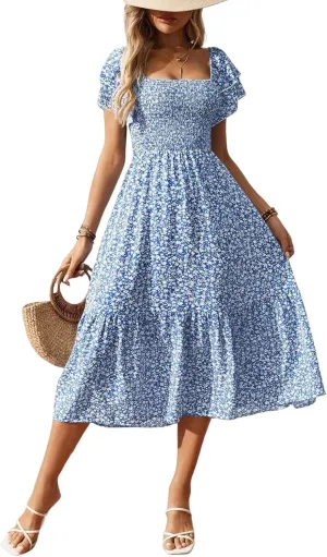 Women's Summer Fashion Square Neck Pleated Bubble Sleeve Off Shoulder Long Skirt with Floral Patterns and a Large Swing Dress
