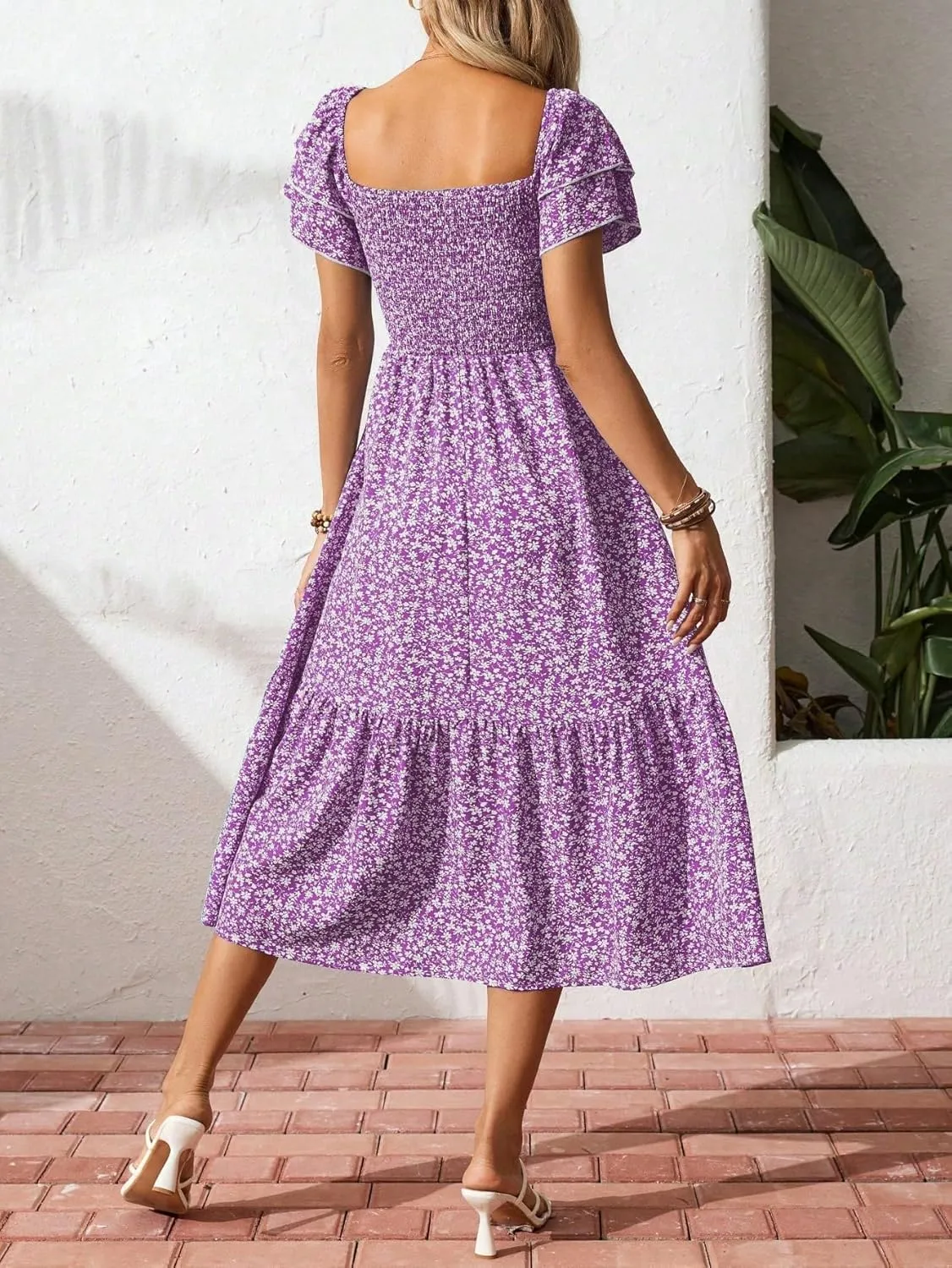 Women's Summer Fashion Square Neck Pleated Bubble Sleeve Off Shoulder Long Skirt with Floral Patterns and a Large Swing Dress