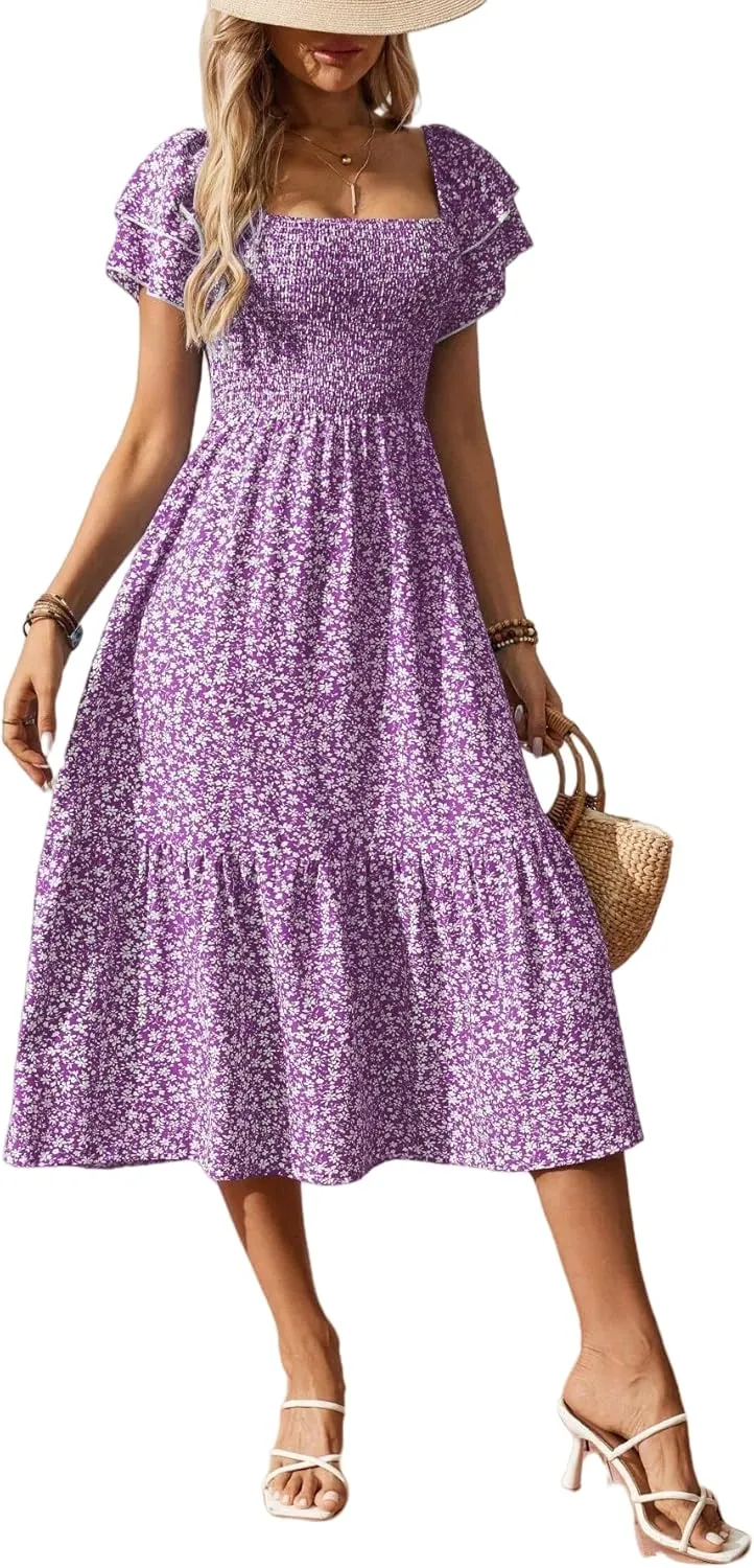 Women's Summer Fashion Square Neck Pleated Bubble Sleeve Off Shoulder Long Skirt with Floral Patterns and a Large Swing Dress