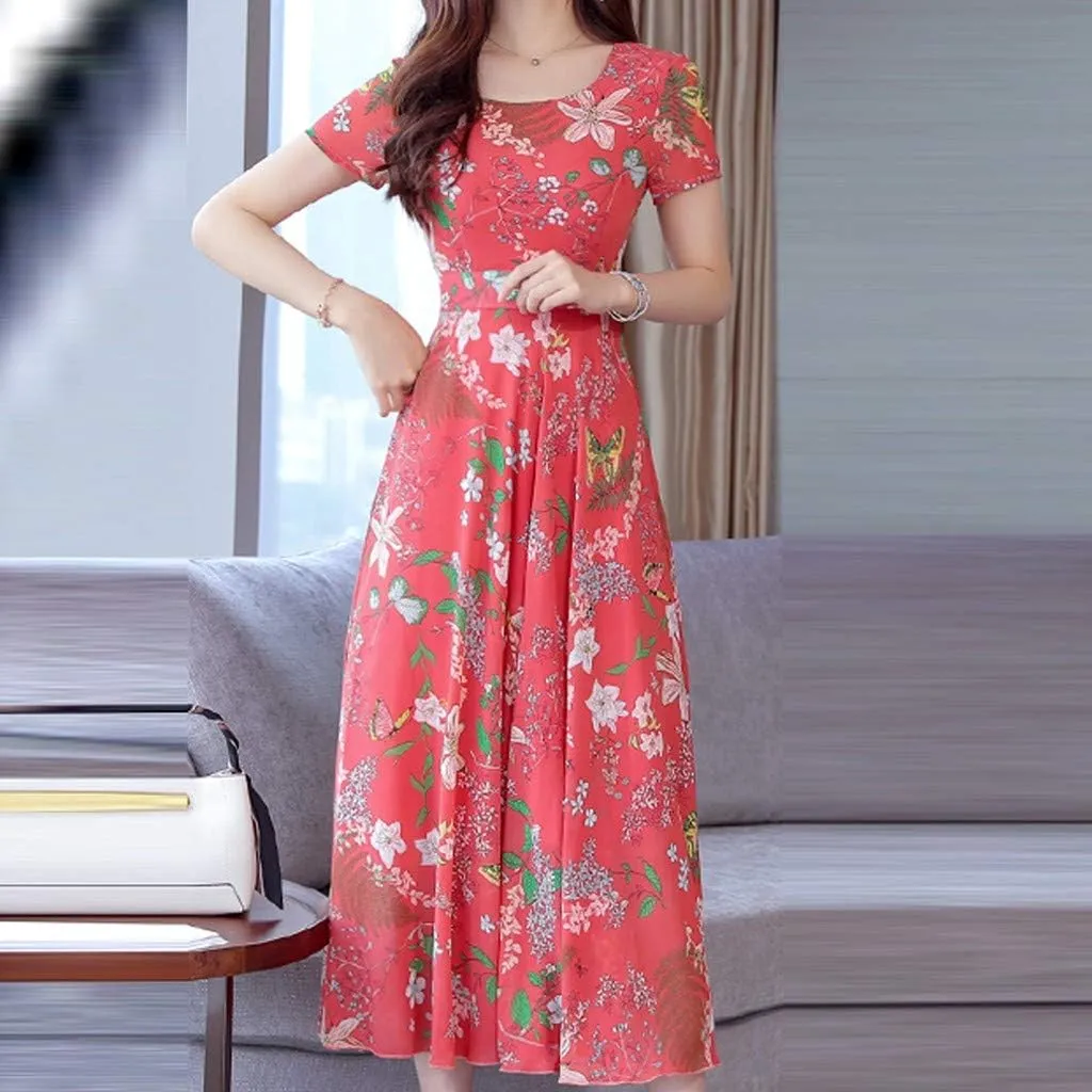 Womens Summer Maxi Dress Casual V Neck Short Sleeve Boho Floral Print Tiered Ruffle Beach Sundress with Pockets
