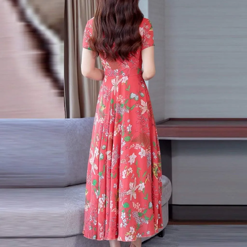 Womens Summer Maxi Dress Casual V Neck Short Sleeve Boho Floral Print Tiered Ruffle Beach Sundress with Pockets