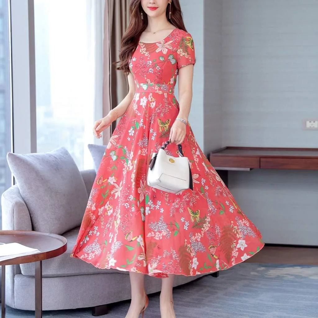 Womens Summer Maxi Dress Casual V Neck Short Sleeve Boho Floral Print Tiered Ruffle Beach Sundress with Pockets