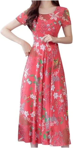 Womens Summer Maxi Dress Casual V Neck Short Sleeve Boho Floral Print Tiered Ruffle Beach Sundress with Pockets