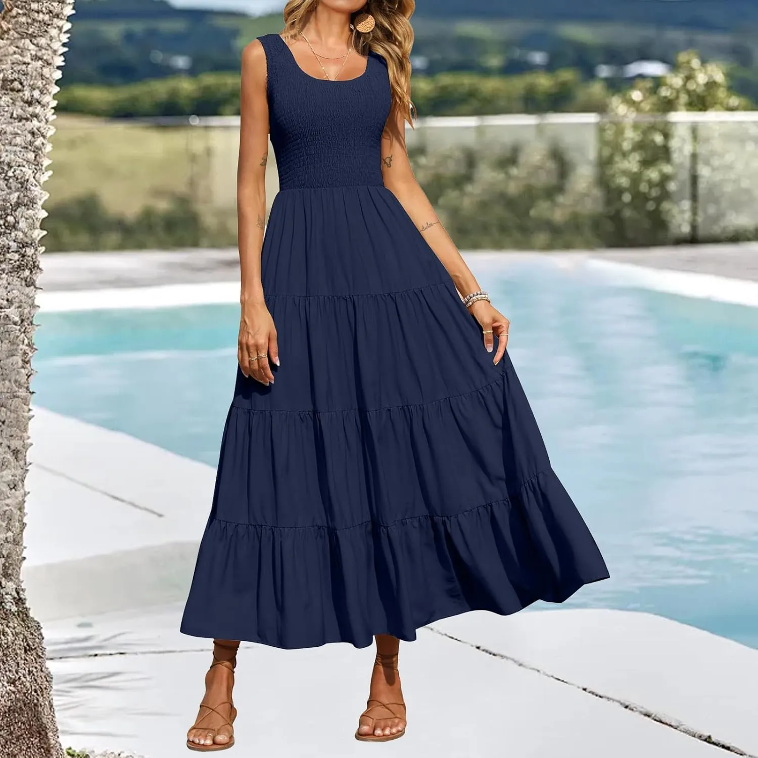 Womens Summer Maxi Dress Smocked Tank Dresses Casual Flowy Tired Long Dresses Sleeveless Vacation Beach Sundresses