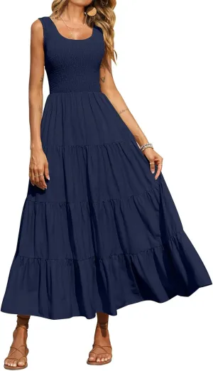 Womens Summer Maxi Dress Smocked Tank Dresses Casual Flowy Tired Long Dresses Sleeveless Vacation Beach Sundresses
