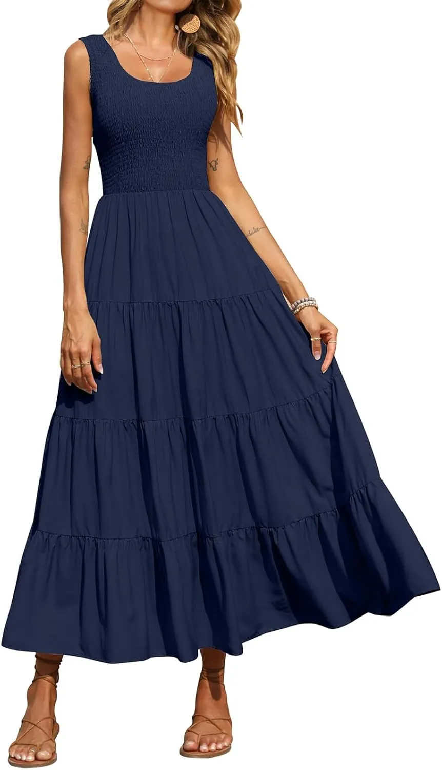 Womens Summer Maxi Dress Smocked Tank Dresses Casual Flowy Tired Long Dresses Sleeveless Vacation Beach Sundresses