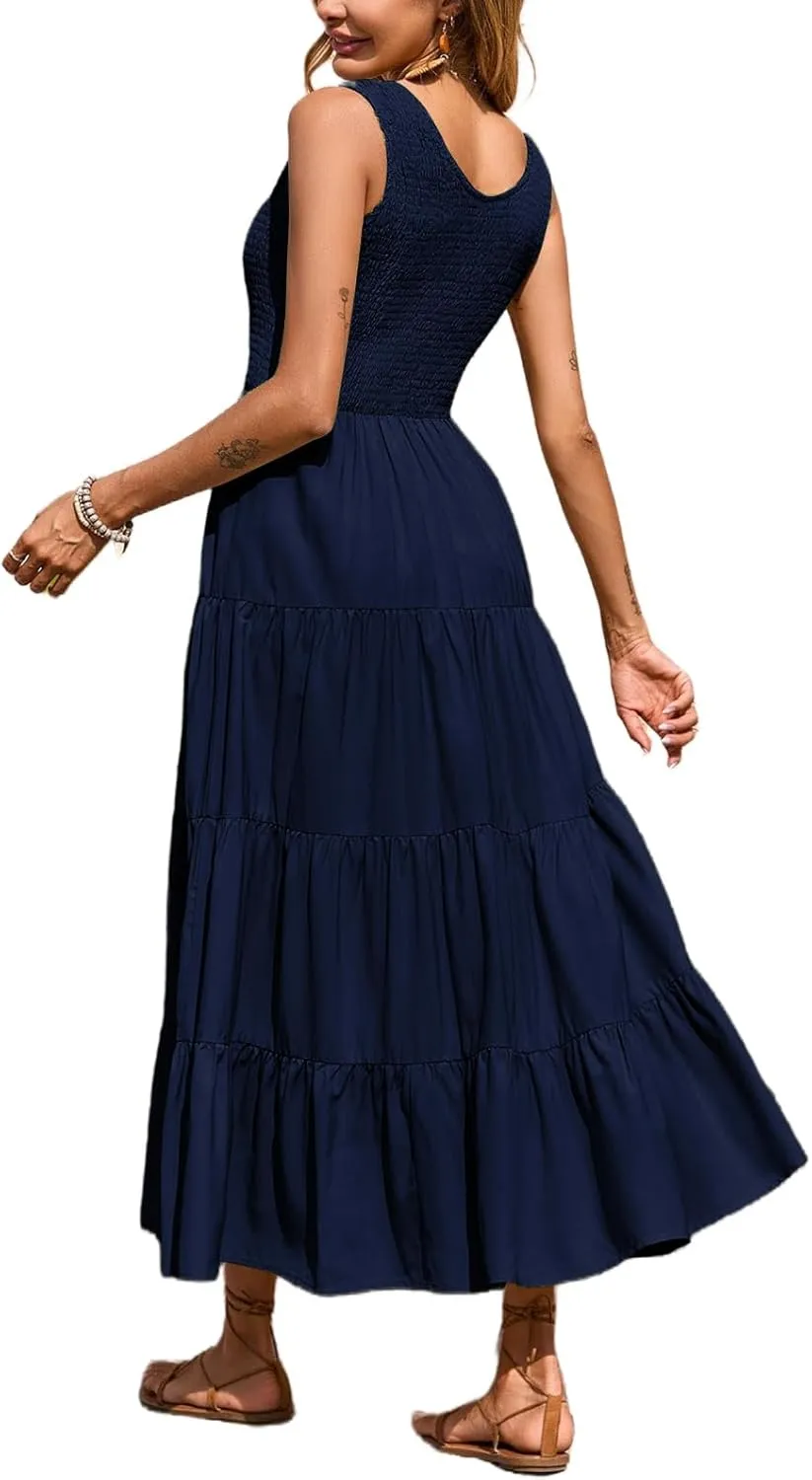 Womens Summer Maxi Dress Smocked Tank Dresses Casual Flowy Tired Long Dresses Sleeveless Vacation Beach Sundresses