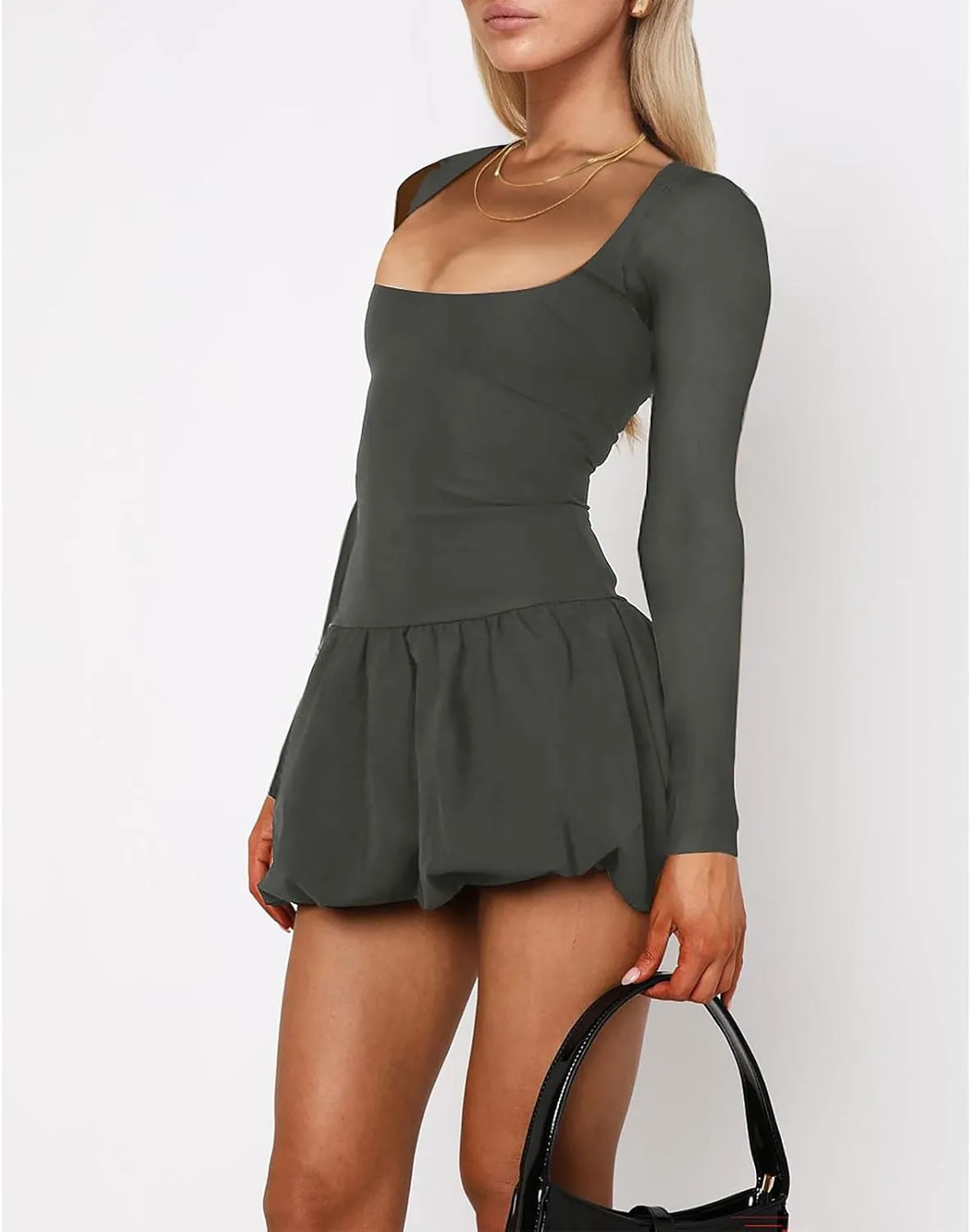 Women's Summer Mini Dress Sexy Square Neck Bubble Ruffle Hem Dresses Casual Comfort Long Sleeve Skirt Party Club
