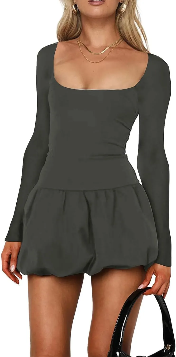 Women's Summer Mini Dress Sexy Square Neck Bubble Ruffle Hem Dresses Casual Comfort Long Sleeve Skirt Party Club