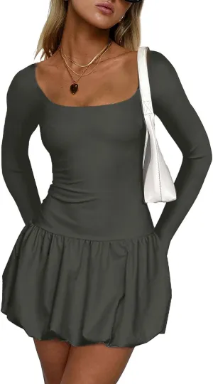 Women's Summer Mini Dress Sexy Square Neck Bubble Ruffle Hem Dresses Casual Comfort Long Sleeve Skirt Party Club