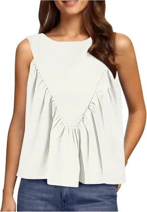 Womens Summer Pleated Peplum Tops Sleeveless Ruffle Tank Top Round Neck Y2K Babydoll Blouse Loose Fit Casual Shirt