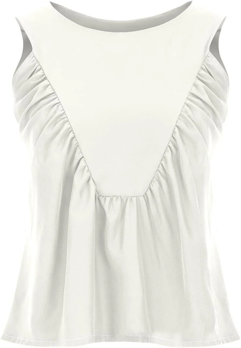 Womens Summer Pleated Peplum Tops Sleeveless Ruffle Tank Top Round Neck Y2K Babydoll Blouse Loose Fit Casual Shirt