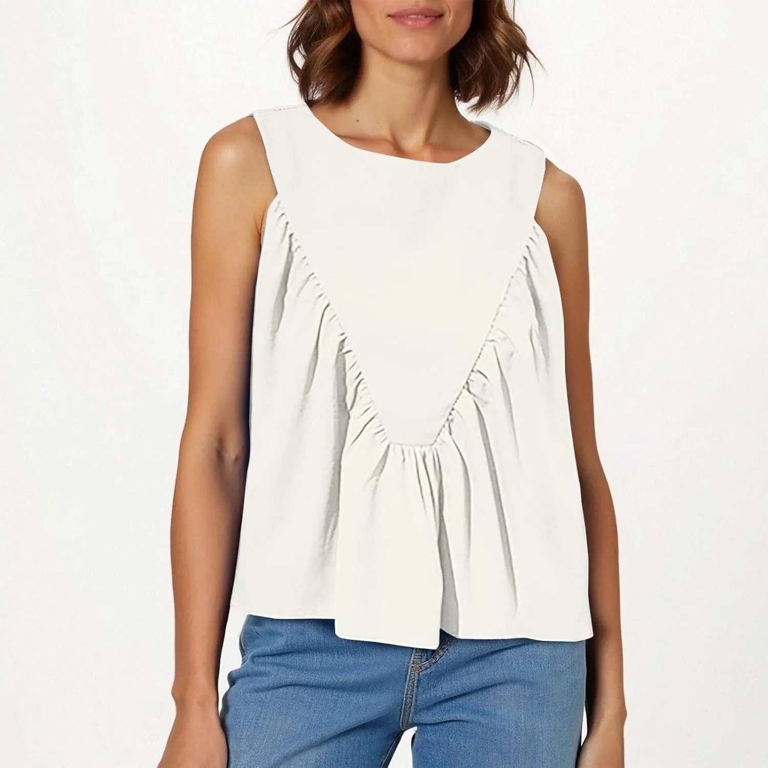 Womens Summer Pleated Peplum Tops Sleeveless Ruffle Tank Top Round Neck Y2K Babydoll Blouse Loose Fit Casual Shirt