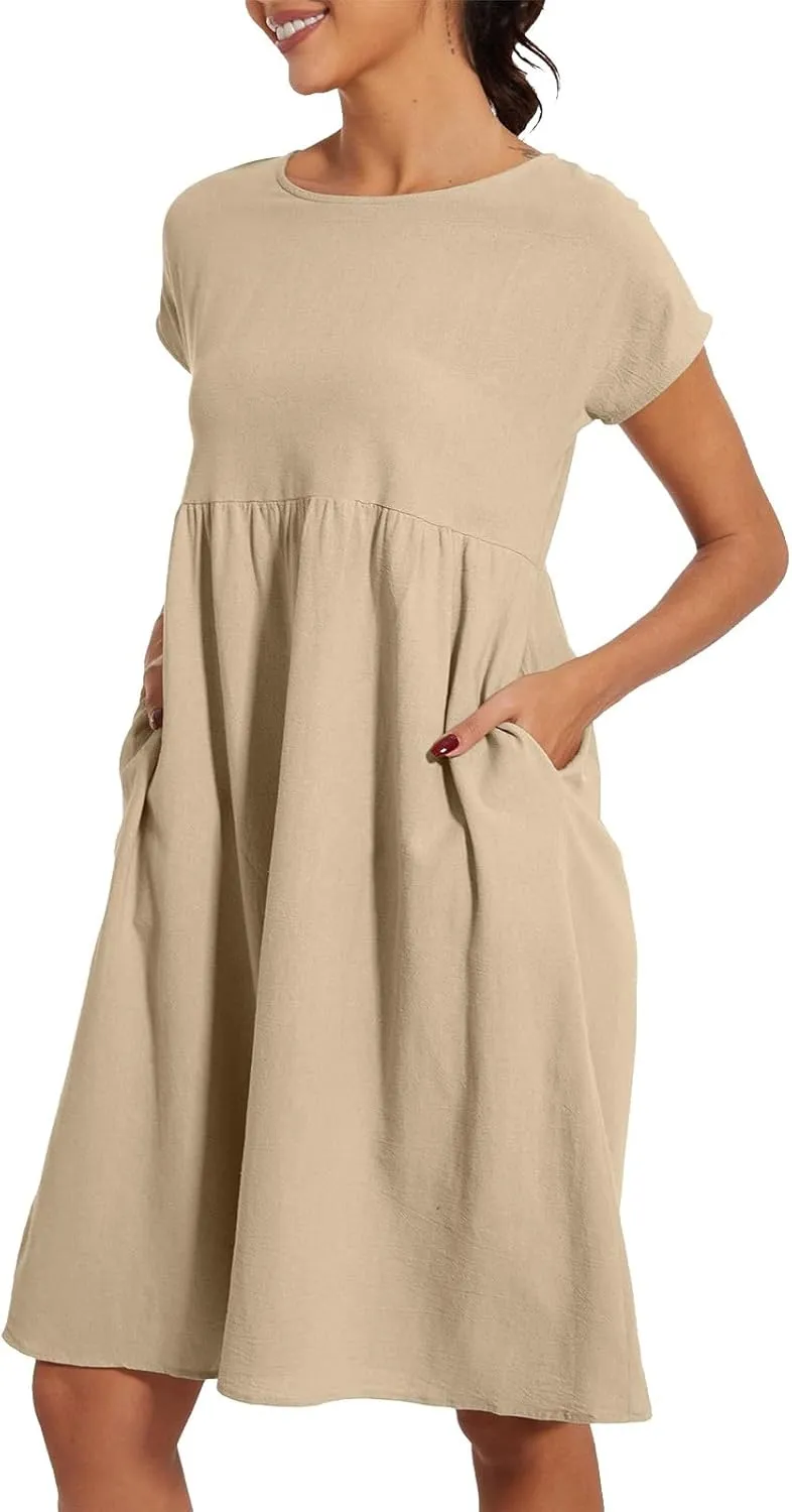 Womens Summer Short Sleeve Dress Casual Plus Size V-Neck Maxi Dresses A Line Flowy Beach Sundress with Pockets