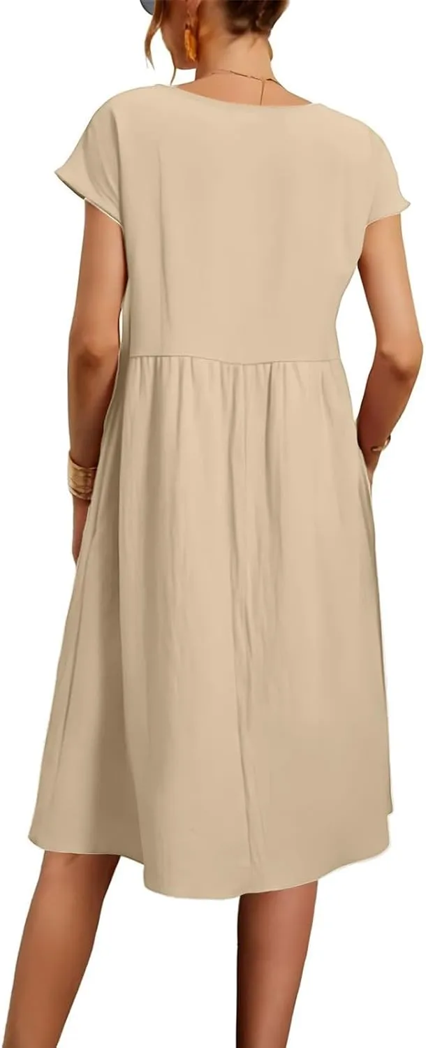 Womens Summer Short Sleeve Dress Casual Plus Size V-Neck Maxi Dresses A Line Flowy Beach Sundress with Pockets
