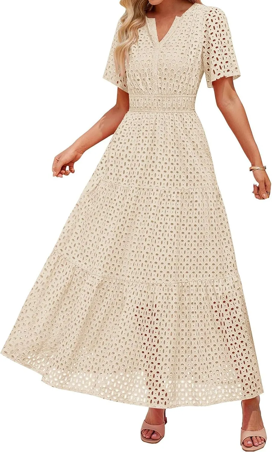 Womens Summer Short Sleeve Maxi Dress Casual V Neck Hollow Out Eyelet Ruffle Swing A Line Long Dress Vacation Outfits