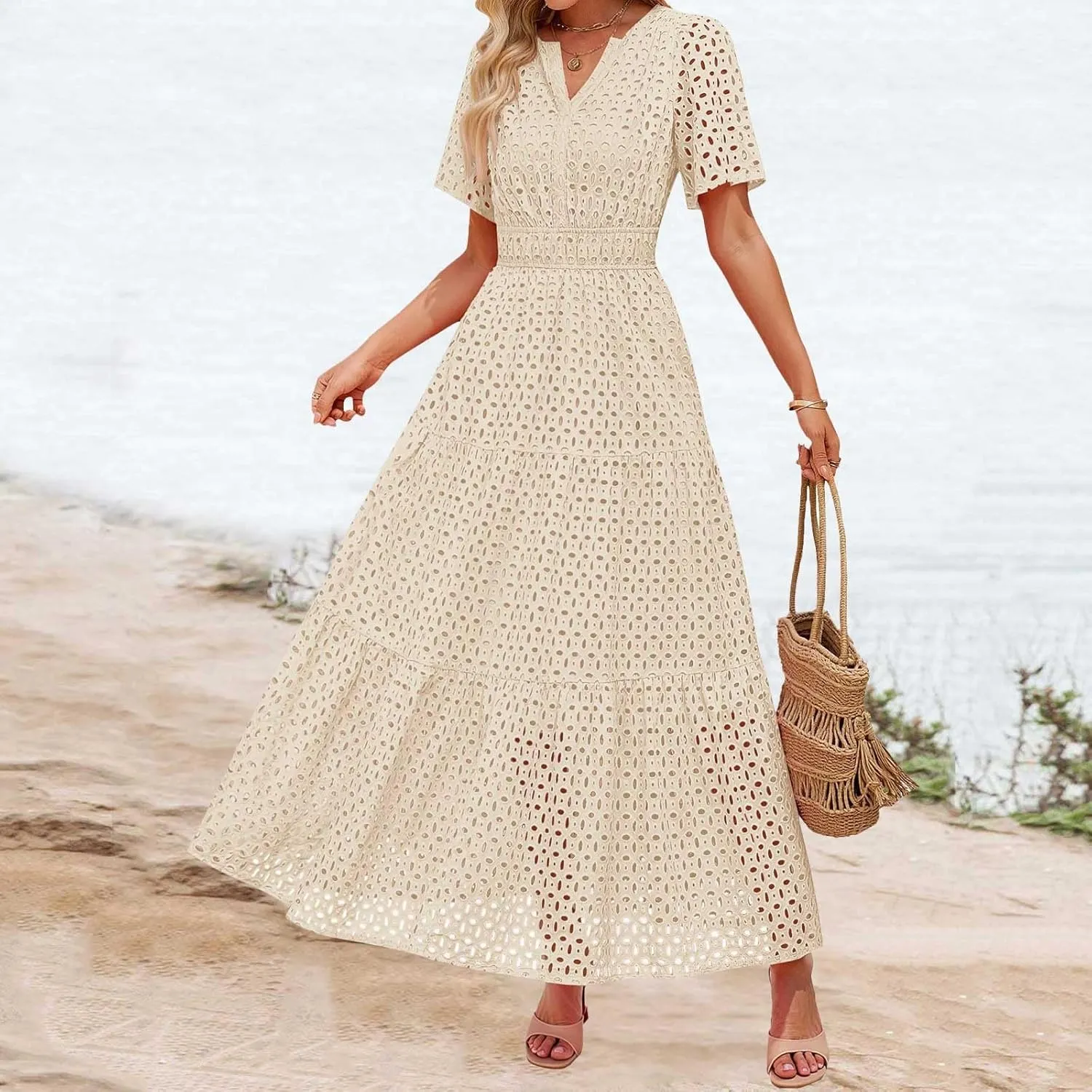 Womens Summer Short Sleeve Maxi Dress Casual V Neck Hollow Out Eyelet Ruffle Swing A Line Long Dress Vacation Outfits