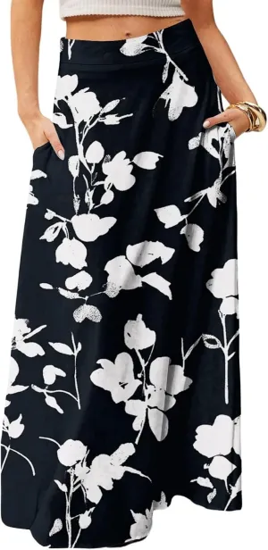 Women's Summer Skirt Trendy 2025 Floral A-Line Elastic High Waisted Skirts with Pockets Cute Elegant Boho Skirt