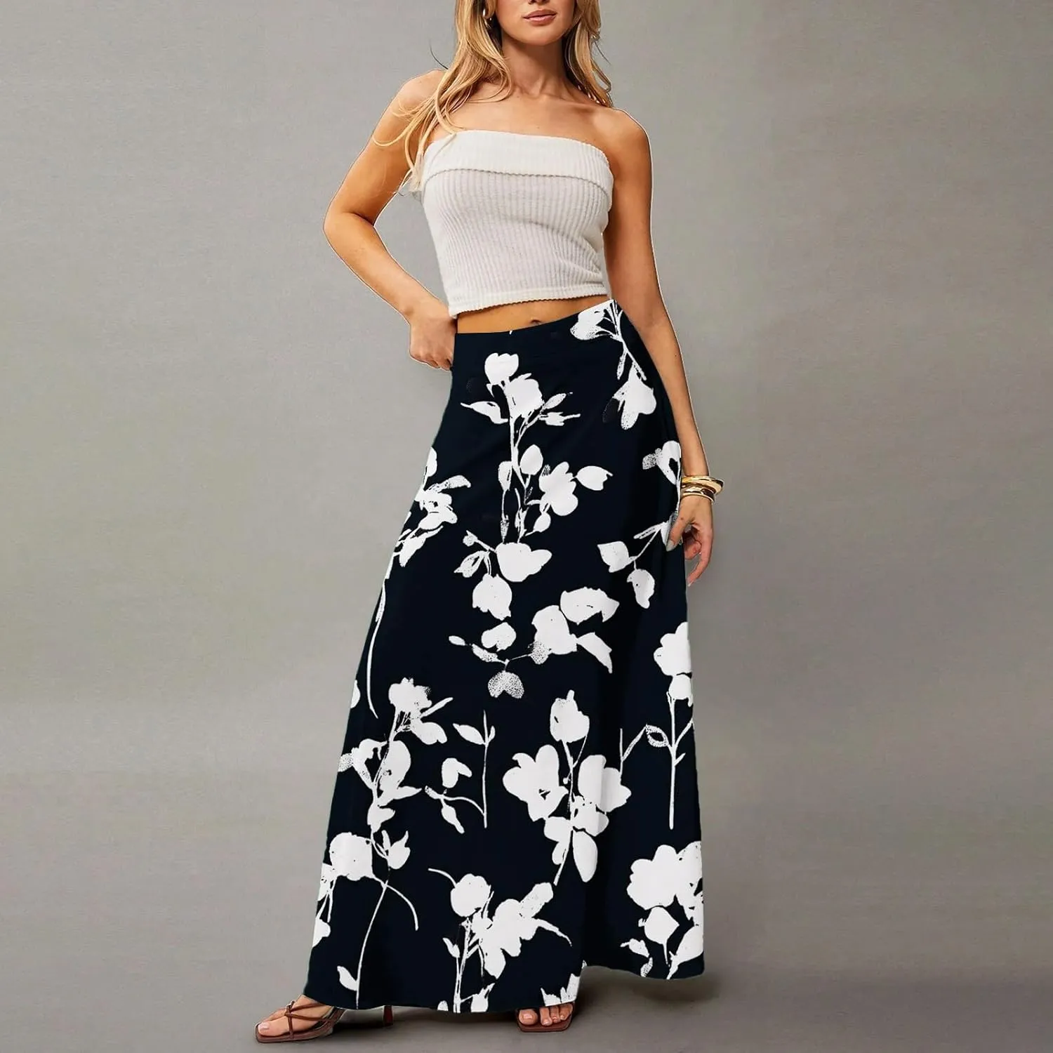 Women's Summer Skirt Trendy 2025 Floral A-Line Elastic High Waisted Skirts with Pockets Cute Elegant Boho Skirt