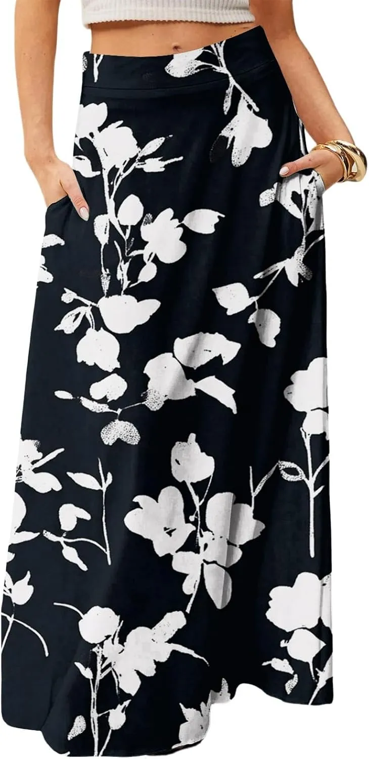 Women's Summer Skirt Trendy 2025 Floral A-Line Elastic High Waisted Skirts with Pockets Cute Elegant Boho Skirt