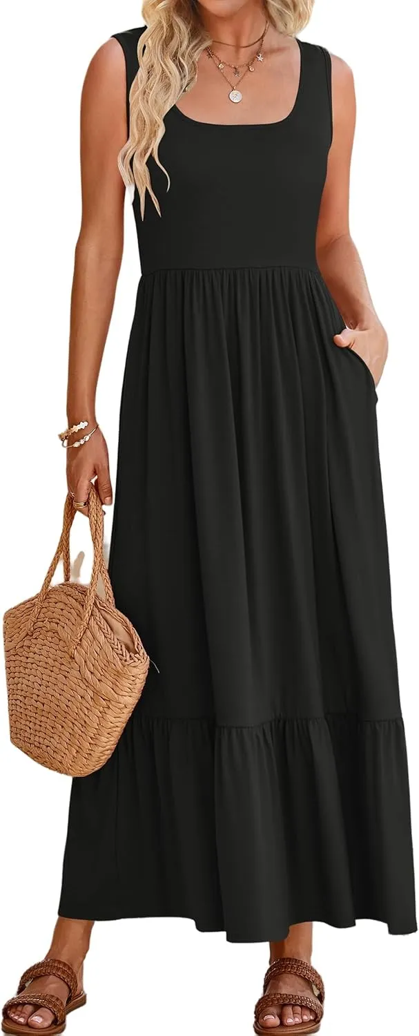 Women's Summer Sleeveless Dress Casual Loose Plain Maxi Sundress Square Neck Pleated Swing Long Dresses Travel Outfits