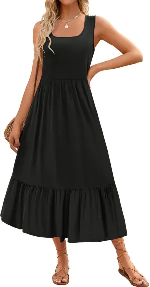 Women's Summer Sleeveless Dress Casual Loose Plain Maxi Sundress Square Neck Pleated Swing Long Dresses Travel Outfits